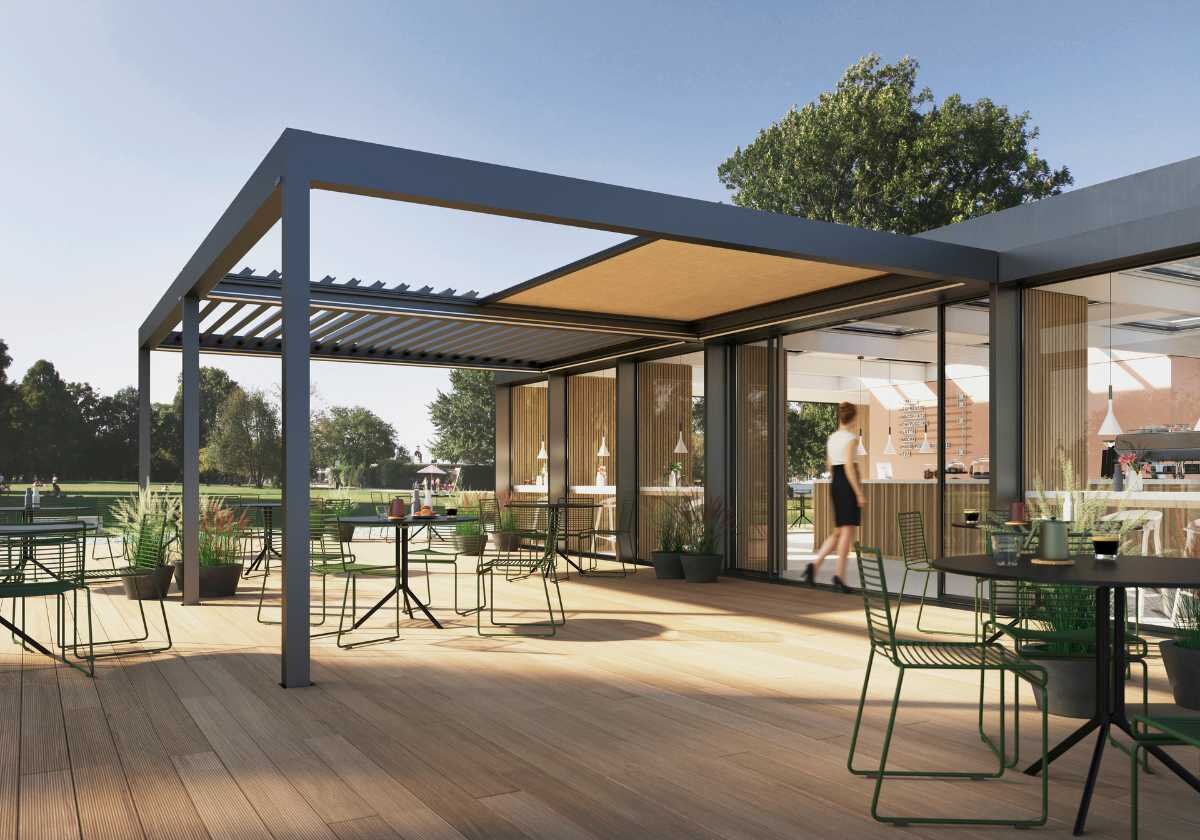 Lamellendach mit beigem Stoffdach