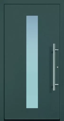 Eine flügelüberdeckende Haustür in grau.