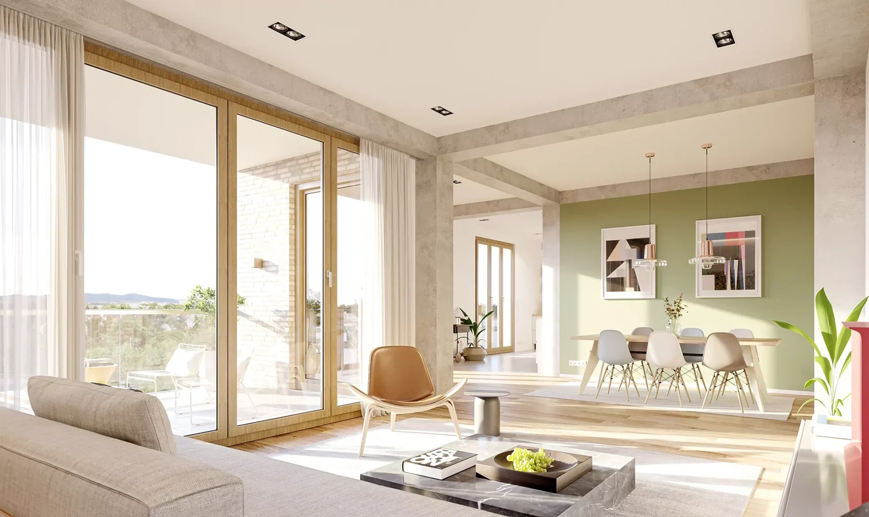 Große Fensterfassade sorgen für ein helles Zimmer mit moderner Möblierung und grüner Wand.