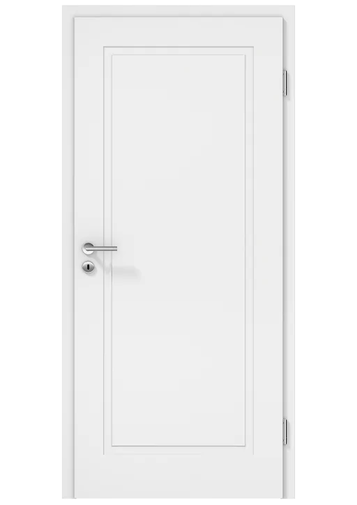 Eine weiße Innentür mir rechteckigem Detail.