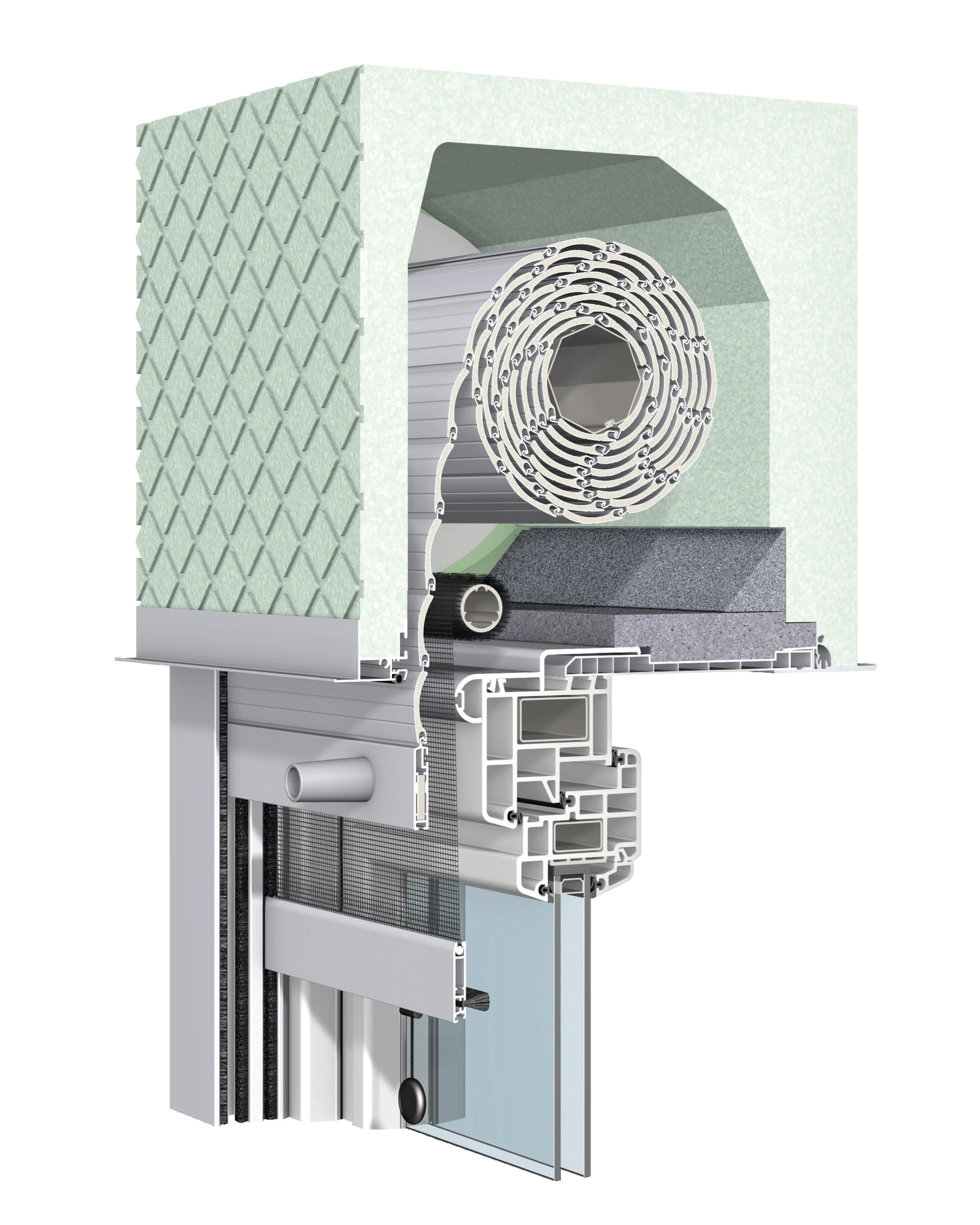 Technische Darstellung eines Rollladenkastens mit integriertem Fenster