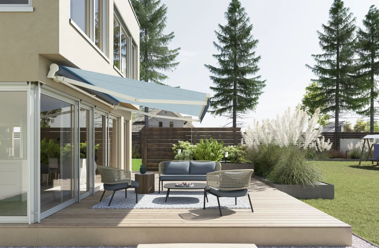 Moderne Terrasse mit Markise und stilvollen Gartenmöbeln