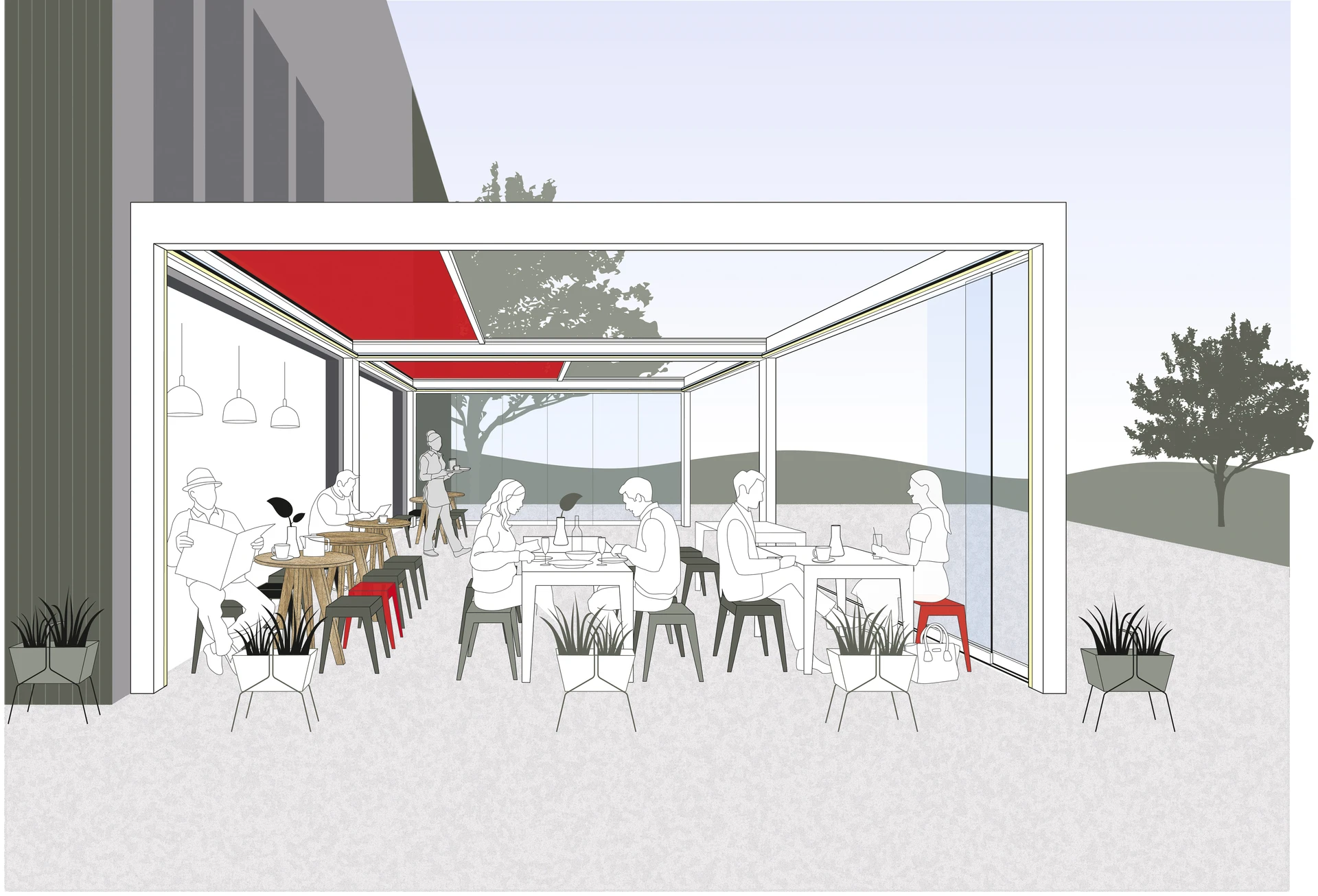 Moderne Outdoor-Terrasse mit rot-weißem Dach und stilvollen Sitzgelegenheiten