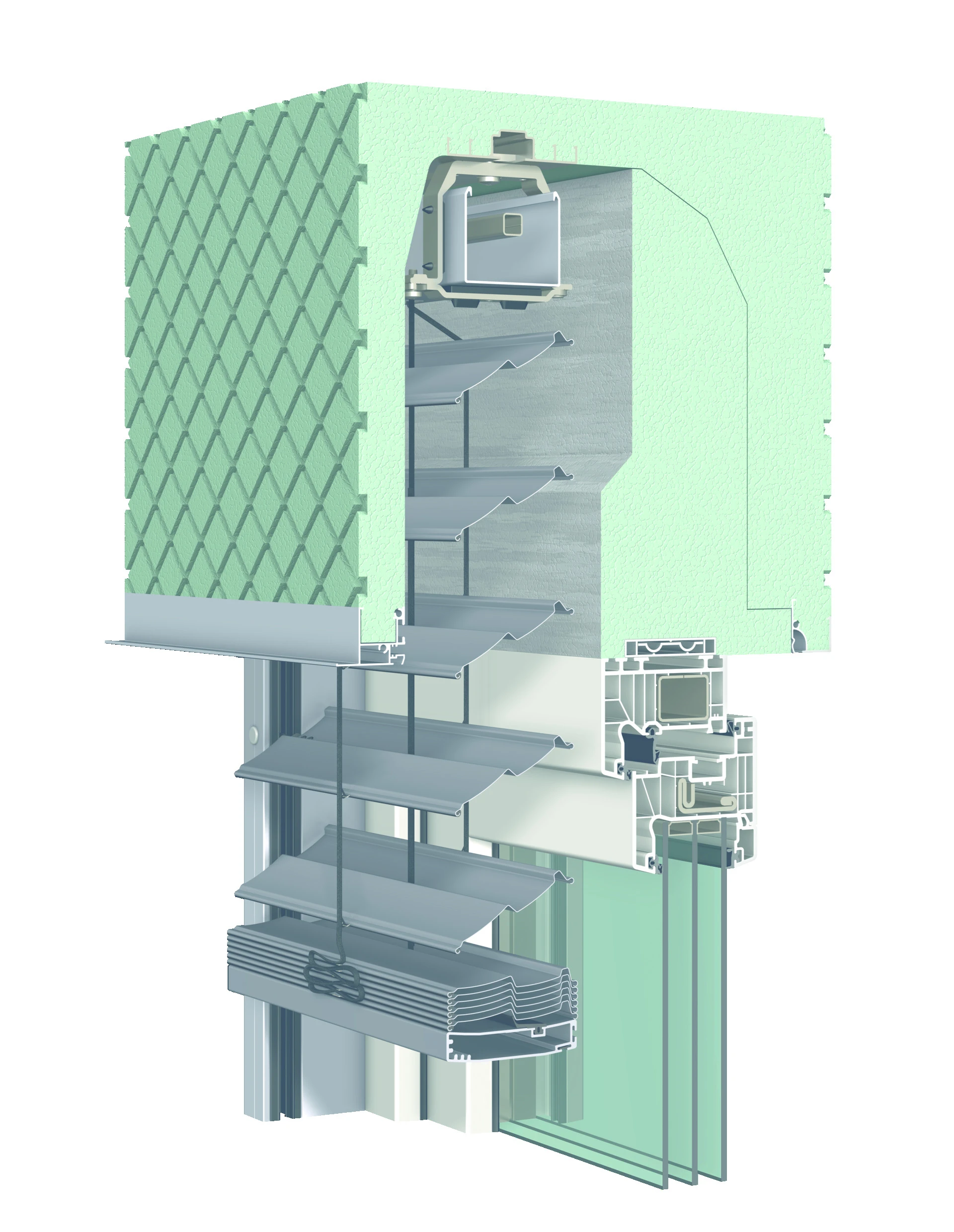 Querschnitt eines modernen Fassadenrollosystems