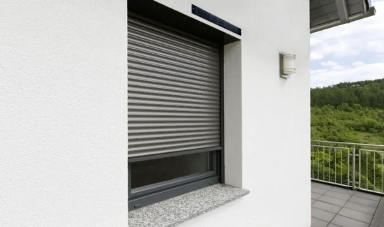 Solarbetriebener Rollladen in geschlossenem Zustand mit integrierter Solarzelle